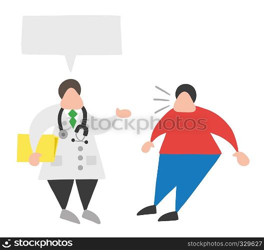 Vector illustration cartoon doctor man holding folder and talking to his patient with blank speech bubble and oatient surprised.