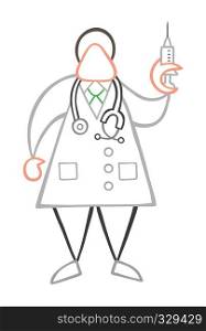 Vector illustration cartoon doctor man with stethoscope and standing, holding syringe ready for injection.