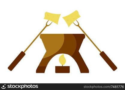 Vector illustration Cartoon fondue. Fondue snack symbol on a white background. Capacity for two fondue forks and a candle.