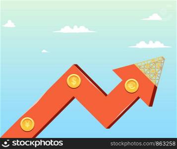 Vector Illustration Cartoon Growth Company Economy. Image growth Graph Construction Company Economy against Background Blue Sky with Clouds. Gold Coins on Arrow with Signs Euro, Dolar, Yen