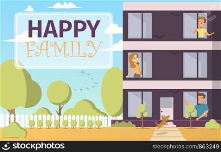 Vector Illustration Cartoon Happy Family Concept. Image Young Happy Family in House. Man, Woman, Boy Look out Window. Red Dog Jumping Owner. Part a new House Located with Park area