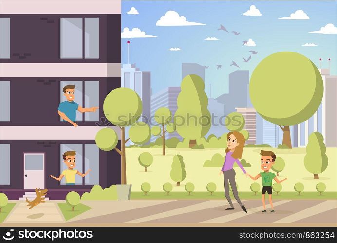 Vector Illustration Cartoon Happy Family Concept. Image Young Happy Family in House. Man, Boy Look out Window, Woman holding her son's hand. Dog Jumping Owner. Part new House Located with Park area