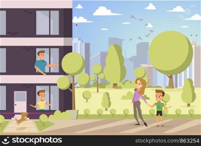 Vector Illustration Cartoon Happy Family Concept. Image Young Happy Family in House. Man, Boy Look out Window, Woman holding her son's hand. Dog Jumping Owner. Part new House Located with Park area