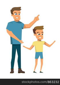 Vector Illustration Cartoon Happy Family Concept. Image Young Smiling Father Holding his Son by Hand. Isolated on White Background. Cheerful Smiling Laughing Father and Son Walking Together