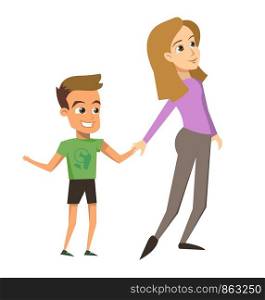 Vector Illustration Cartoon Happy Family Concept. Image Young Woman Holding Little Boy by Hand. Mom with Son Isolated on White Background. Happy Smiling Young Family.