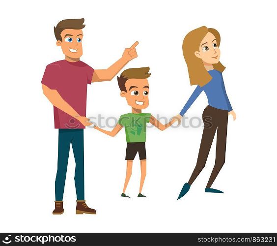 Vector Illustration Cartoon Happy Family. Father holding his Son Hand points his Hand side. Father and Mother hold little Son Hands. Family Isolated on White Background. Father, Mother, Son Together