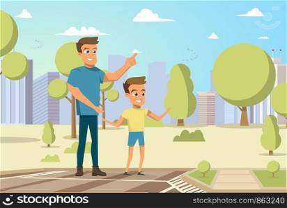 Vector Illustration Cartoon Little Boy and Mab. Image Happy Family. Father with her Son Walking in Park on Background City. Concept Outdoor Recreation. Young Man holds baby by Hand