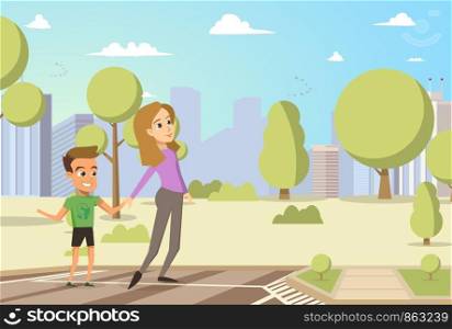 Vector Illustration Cartoon Little Boy and Woman. Image Happy Family. Mom with her Son Walking in Park on Background City. Concept Outdoor Recreation. Young Woman holds baby by Hand