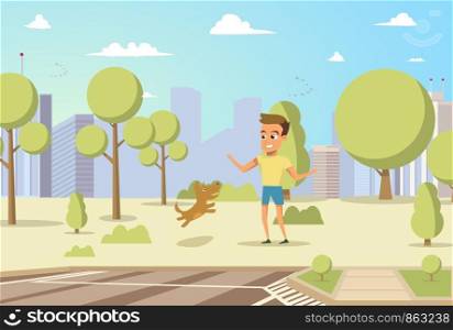 Vector Illustration Cartoon Little Dog and Boy. Concept image Friendship Man with Animal. Little Boy Playing with his Happily Dog in Park on Background of City. Red Dog Jumping Owner