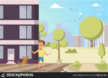 Vector Illustration Cartoon Little Dog and Boy. Concept image Friendship Man with Animal. Little Boy Playing with his Happily Dog in Courtyard Residential Building. Red Dog Jumping Owner