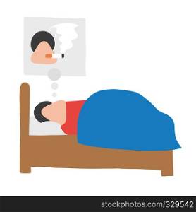 Vector illustration cartoon man character sleeping and smoking cigarette in his dream.