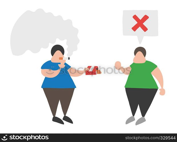 Vector illustration cartoon man character smoking and offering cigarette to other man and says no.