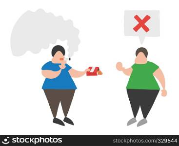 Vector illustration cartoon man character smoking and offering cigarette to other man and says no.