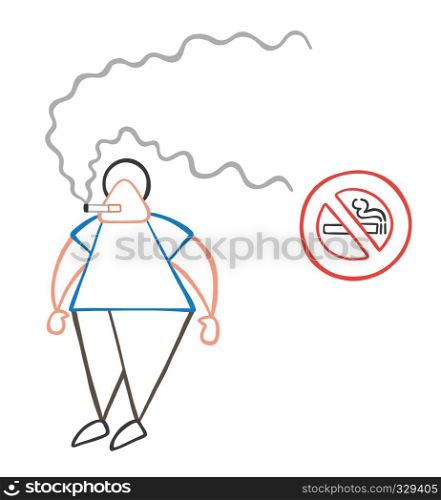 Vector illustration cartoon man character smoking cigarette beside no smoking sign.