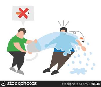 Vector illustration cartoon man character throw water with bucket to smoker and say no smoking cigarette here.