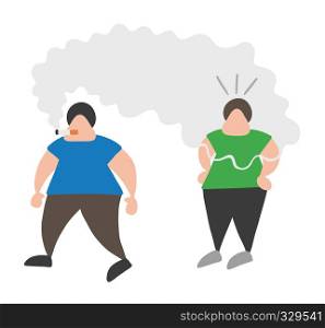 Vector illustration cartoon man character walking and bothering other man with smoke of cigarette.