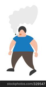 Vector illustration cartoon man character walking and smoking cigarette.