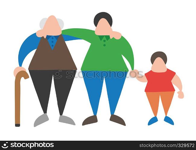 Vector illustration cartoon old man standing with walking stick, hugging his son and grandson.