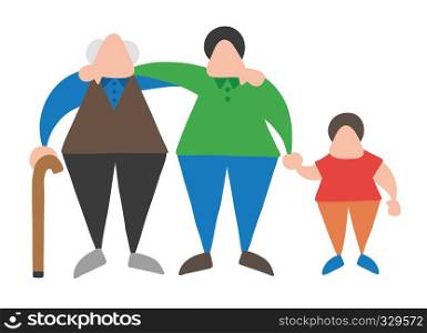 Vector illustration cartoon old man standing with walking stick, hugging his son and grandson.