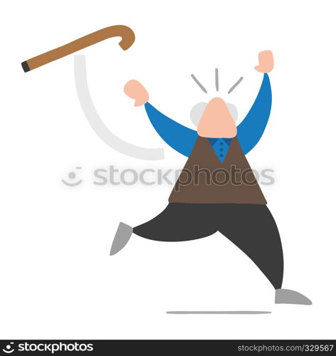 Vector illustration cartoon old man throwing his walking stick and running.
