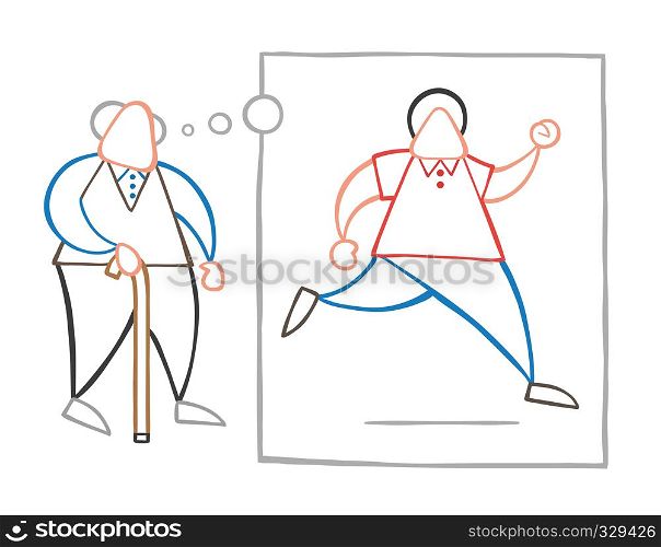 Vector illustration cartoon old man walking with wooden walking stick and dreaming or thinking his youth and running with thought bubble.