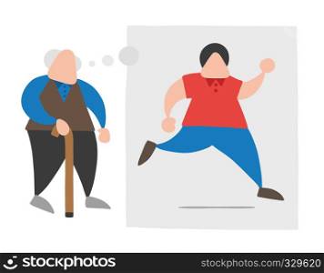 Vector illustration cartoon old man walking with wooden walking stick and dreaming or thinking his youth and running with thought bubble.