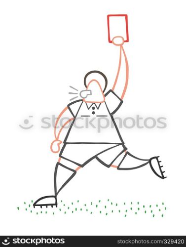 Vector illustration cartoon referee man running and showing red card.