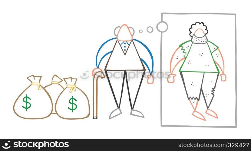 Vector illustration cartoon rich old man with dollar money sacks but dreaming or thinking about his poverty or homeless when he was young.