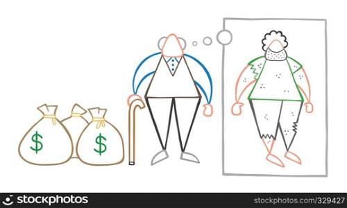 Vector illustration cartoon rich old man with dollar money sacks but dreaming or thinking about his poverty or homeless when he was young.