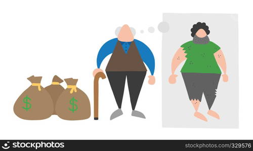 Vector illustration cartoon rich old man with dollar money sacks but dreaming or thinking about his poverty or homeless when he was young.