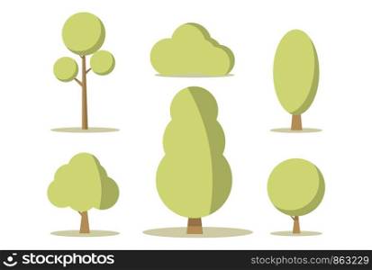 Vector Illustration Cartoon Set Green Trees. Group Green Trees Isolated on White Background. Concept Nature. Natural Vegetation different Shape and heights. From Small to Large.