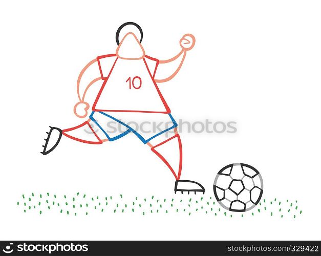 Vector illustration cartoon soccer player man running and dribble ball on pitch.