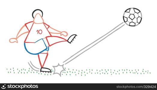Vector illustration cartoon soccer player man shooting ball on pitch.