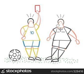 Vector illustration cartoon soccer player man showing red card to referee.