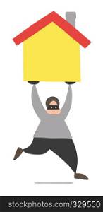 Vector illustration cartoon thief man with face masked running and carrying house.
