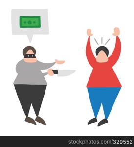 Vector illustration cartoon thief man with face masked with knife and want money with speech bubble from other man.