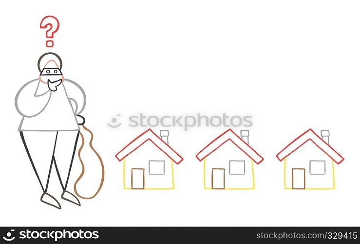 Vector illustration cartoon thief man with face masked with sack and thinking which house to choose for theft.