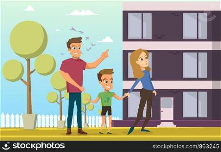 Vector Illustration Cartoon Young Happy Family. Image Family Standing near Apartment Building. Family has Acquired New Home in Residential Building. Man, Woman and Little Boy. Concept Happy People