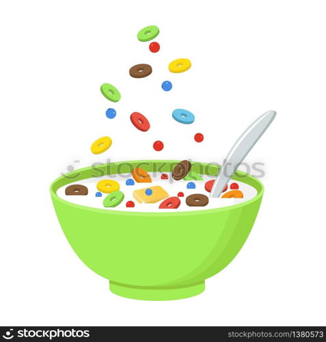 Vector illustration. Cereal bowl with milk, smoothie isolated on white background. Concept of healthy and wholesome breakfast. . Cereal bowl with milk, smoothie isolated on white background. Concept of healthy and wholesome breakfast. Vector illustration