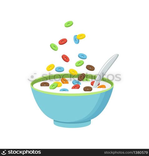 Vector illustration. Cereal bowl with milk, smoothie isolated on white background. Concept of healthy and wholesome breakfast.