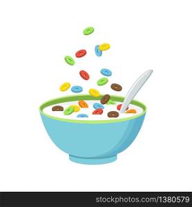 Vector illustration. Cereal bowl with milk, smoothie isolated on white background. Concept of healthy and wholesome breakfast.