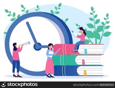 Vector illustration Character people reading near big clock and books, Time to study, enjoy a good book, study, Education, study. Knowledge alerts, deadlines, reminders, alarm clocks, schedules.