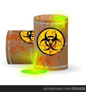 Vector illustration. Chemical biological waste in a rusty barrel. Toxic green fluorescent liquid in a keg. Environmental pollution danger of ecological disaster.. Chemical biological waste in a rusty barrel. Toxic green fluorescent liquid in a keg. Environmental pollution danger of ecological disaster. Vector illustration.