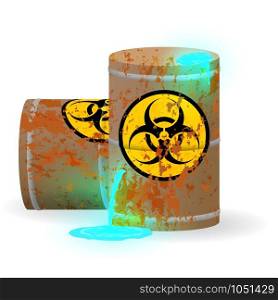 Vector illustration. Chemical biological waste in a rusty barrel. Toxic blue fluorescent liquid in a keg. Environmental pollution danger of ecological disaster.. Chemical biological waste in a rusty barrel. Toxic blue fluorescent liquid in a keg. Environmental pollution danger of ecological disaster. Vector illustration.