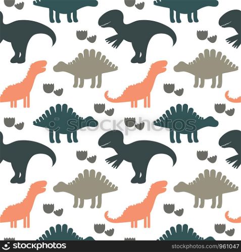 Vector illustration. Children cute seamless pattern with silhouettes of dinosaurs. Kids background. For textile, fabric.. Vector illustration. Children cute seamless pattern with silhoue