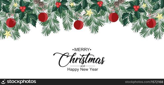 Vector illustration Christmas decorative branches with ornaments. Happy Christmas greeting card. Christmas decorative branches with ornaments