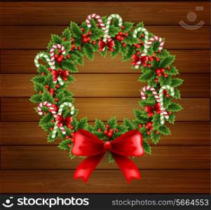 Vector illustration Christmas holly wreath with red bow in wood background