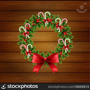 Vector illustration Christmas holly wreath with red bow in wood background