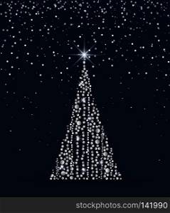 Vector illustration Christmas tree from lights. Christmas tree on blue background. Golden christmas tree