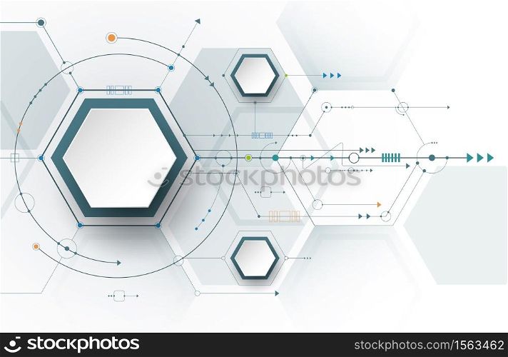 Vector illustration circuit board and 3d paper hexagons background. Hi-tech digital technology and engineering, digital telecom technology concept. Vector abstract futuristic on white gray color background